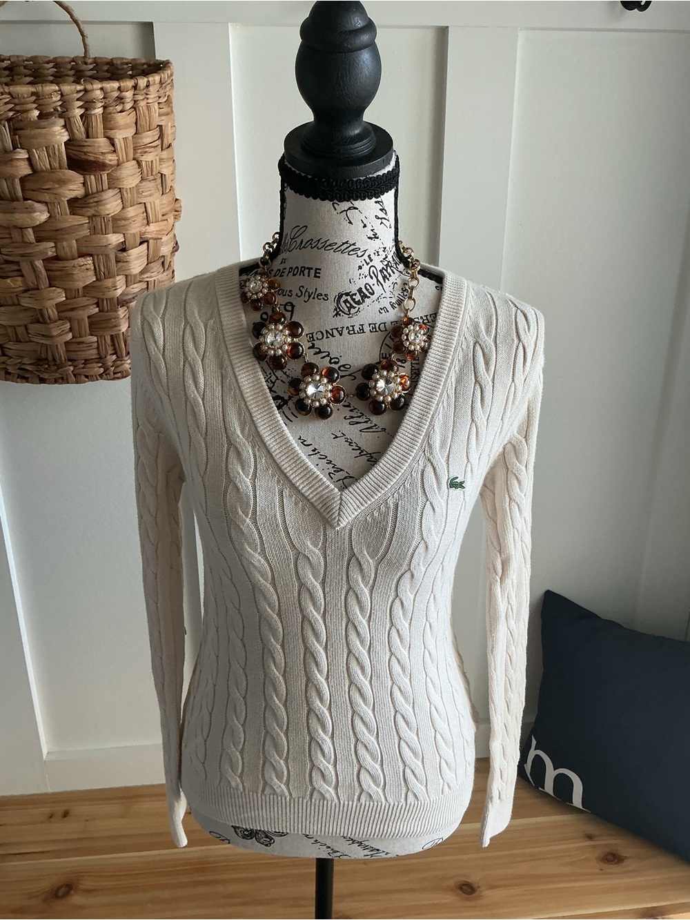 Lacoste Women's Cream Cable-Knit V-Neck Sweater